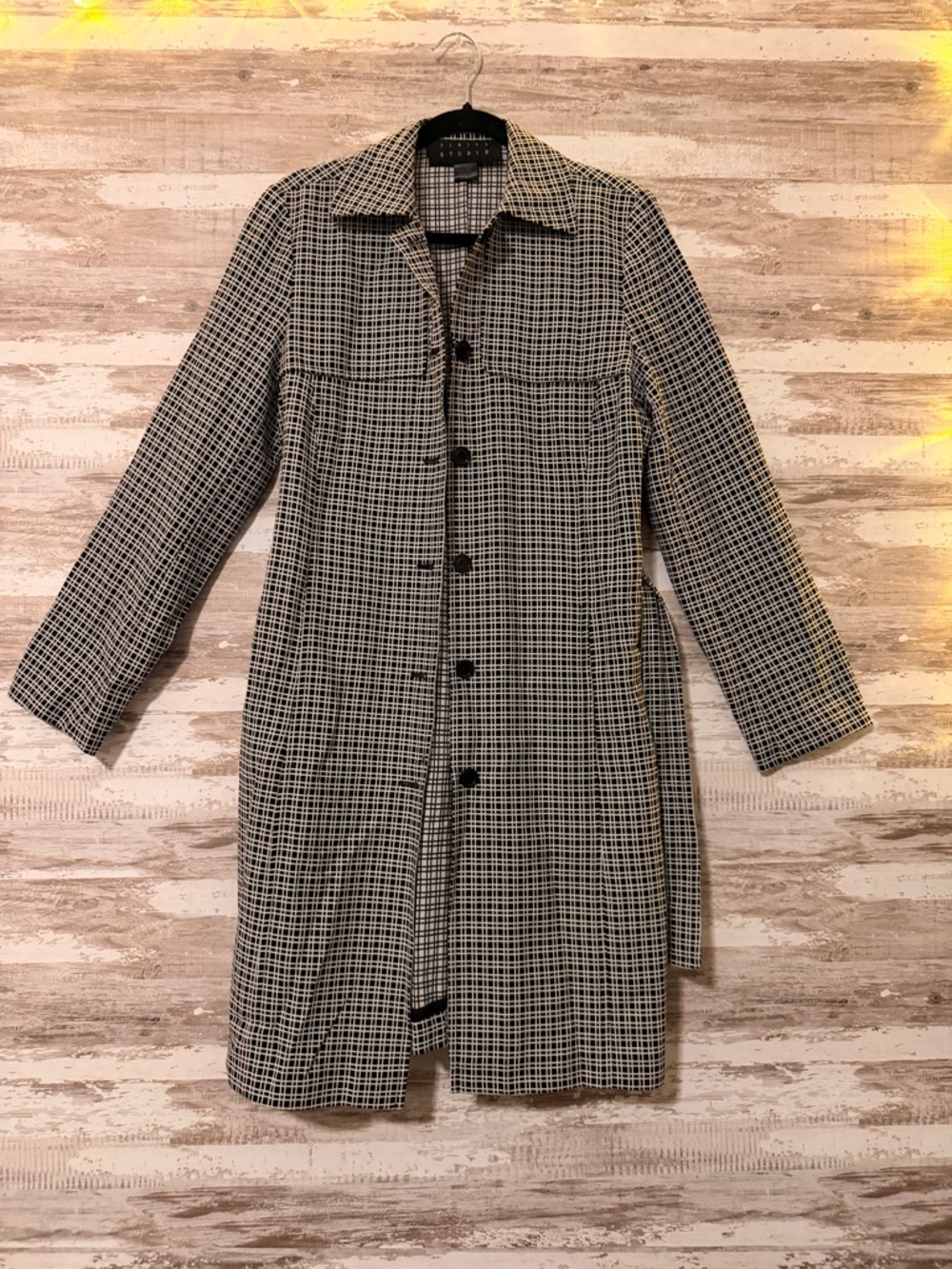 Checked Black & White Trench Coat - Classic Collared Style